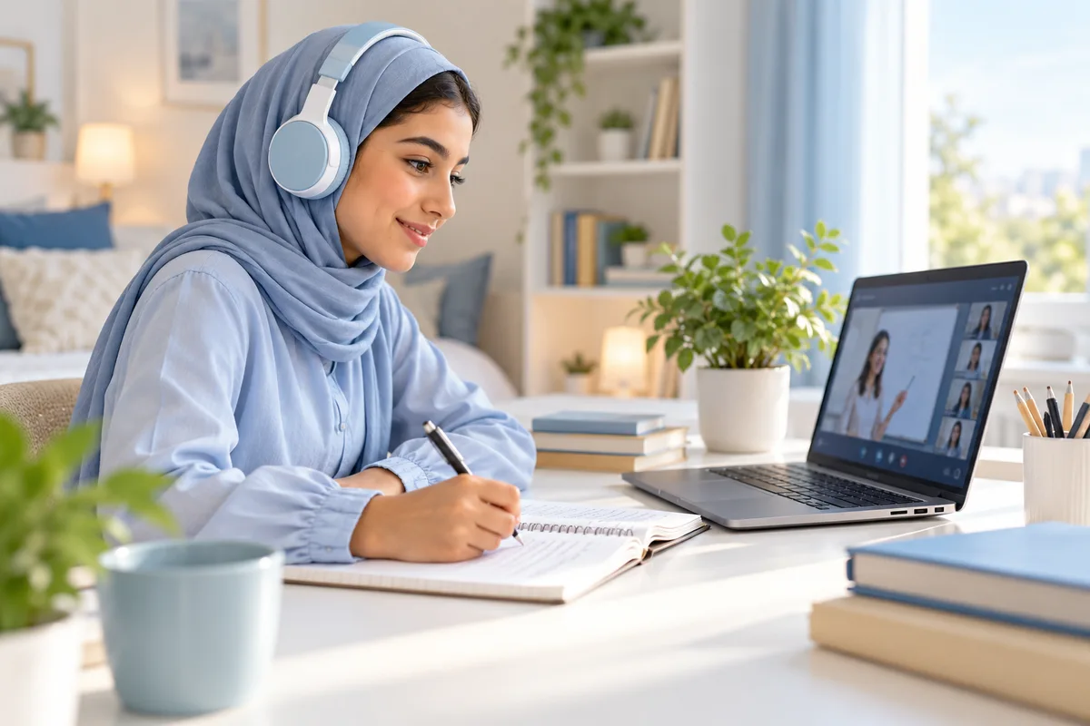 Student wearing headphones and writing notes during an online lesson